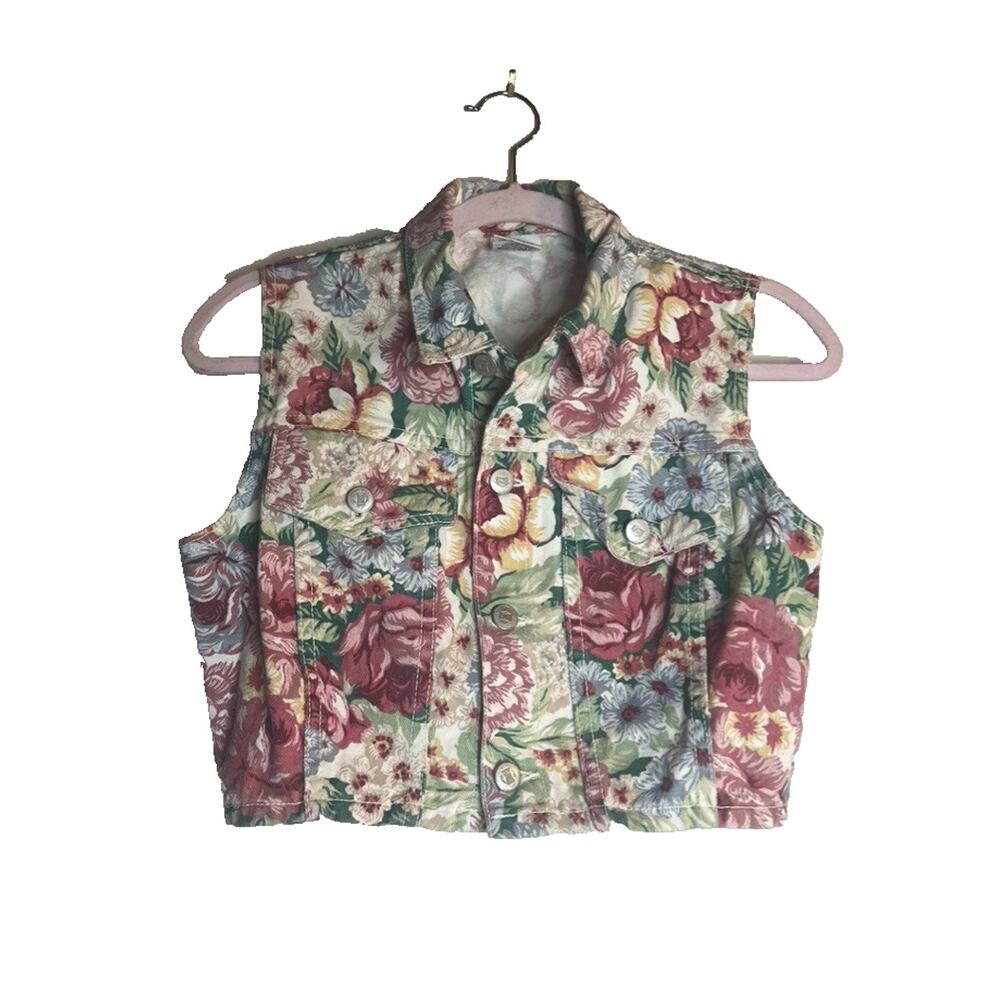 VTG Y2K BONGO Floral Cropped Denim Vest M By Gene Montesano USA Made